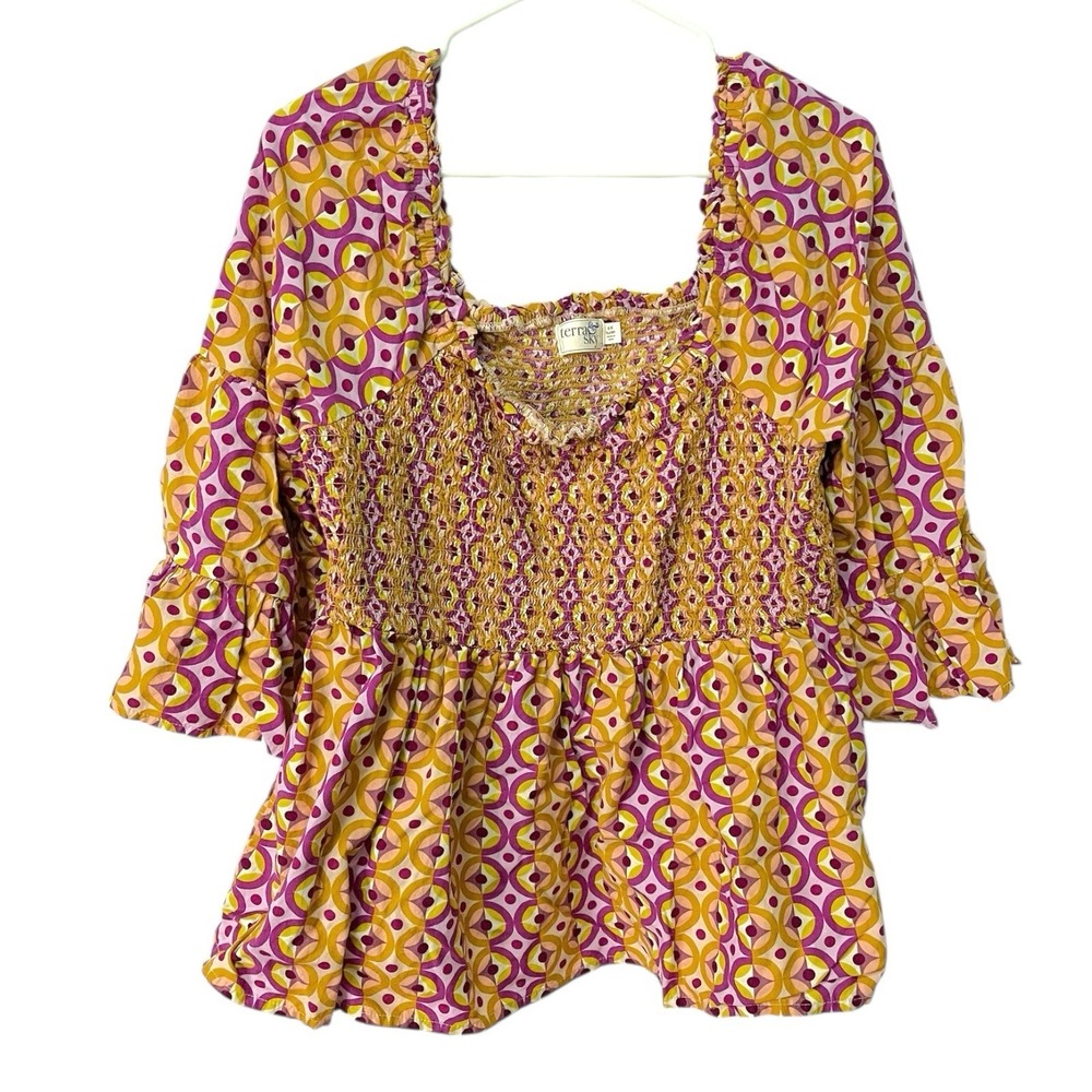 Terra & Sky 0X Purple Yellow Geometric Smocked Square Neck Bell Sleeve Top